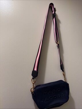Marc Jacobs Navy Leather Crossbody with Pink-Trim Web Strap